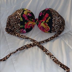 Push-up strapless floral/leopard print bikini top